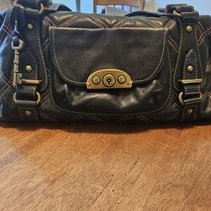 Fossil Black Leather Satchel with Gold Accents